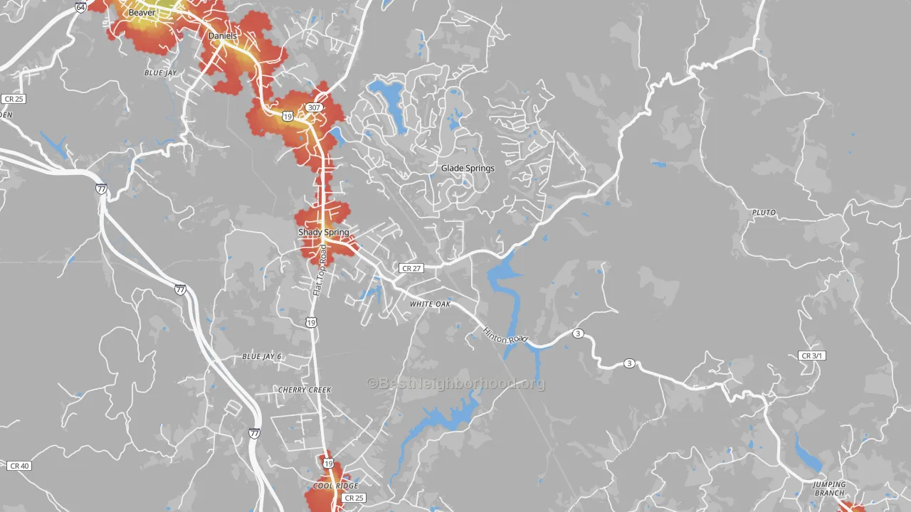 Walk Grade map of Shady Spring, WV, walkable areas in green and car-dependent areas in red