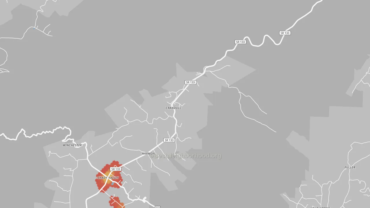 Walk Grade map of Shady Valley, TN, walkable areas in green and car-dependent areas in red