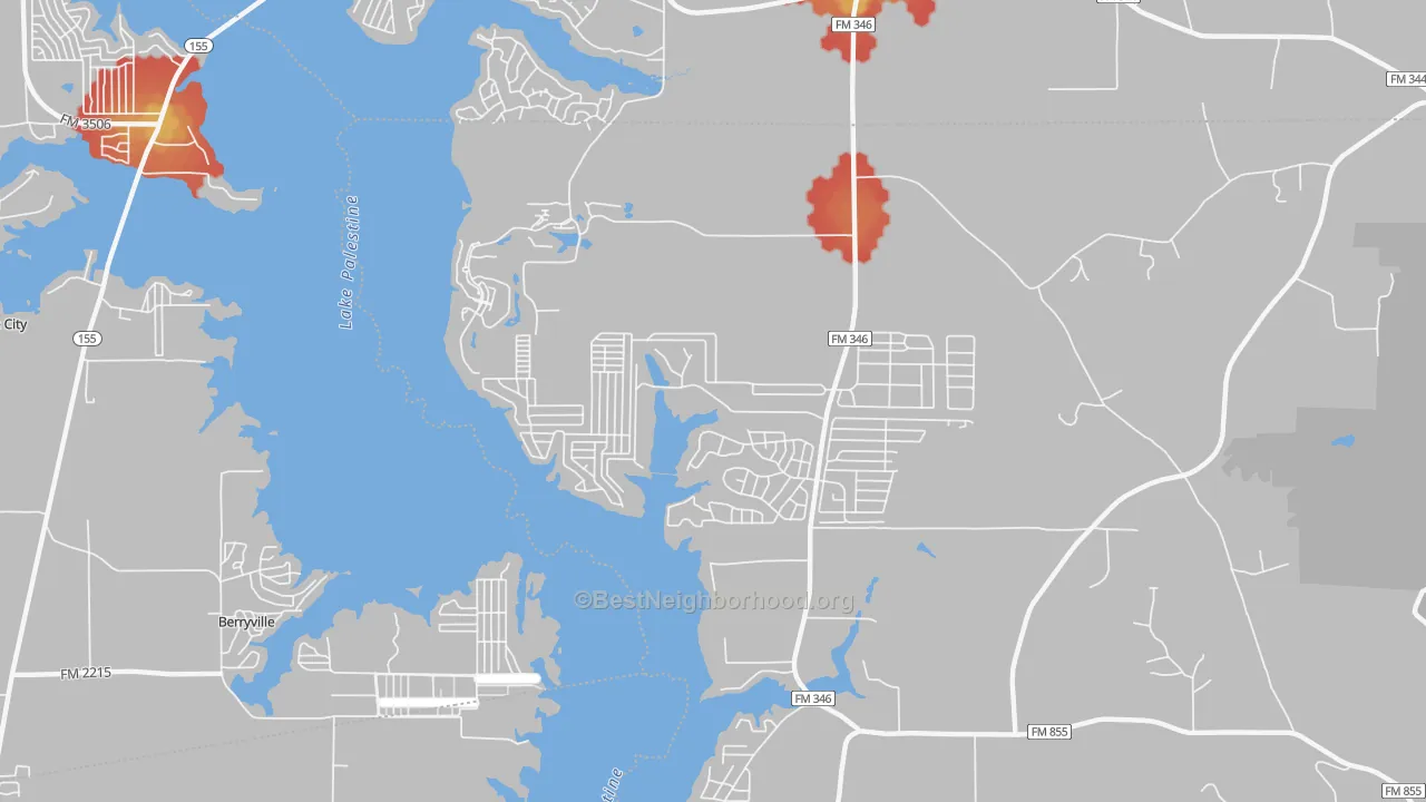 Walk Grade map of Shadybrook, TX, walkable areas in green and car-dependent areas in red
