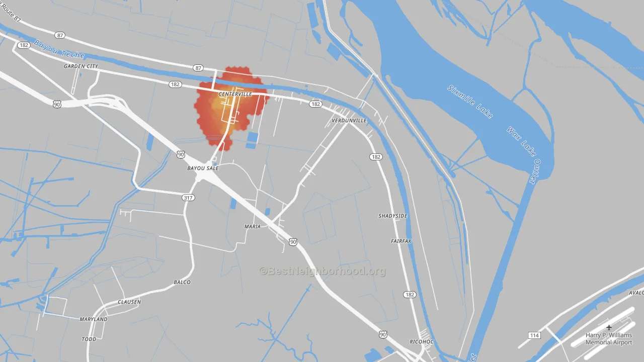 Walk Grade map of Shadyside, LA, walkable areas in green and car-dependent areas in red