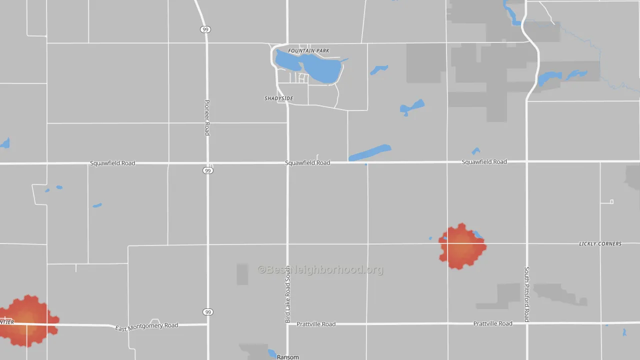 Walk Grade map of Shadyside, MI, walkable areas in green and car-dependent areas in red