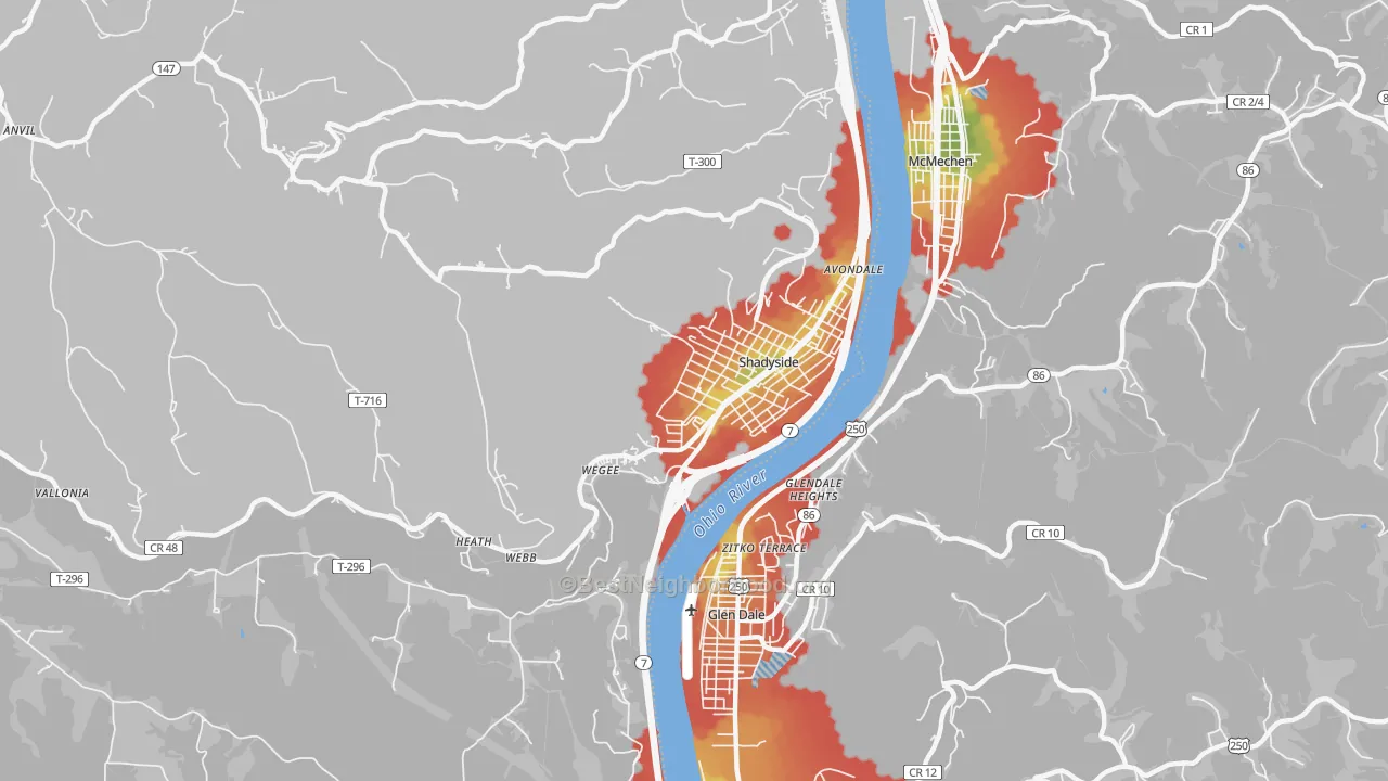 Walk Grade map of Shadyside, OH, walkable areas in green and car-dependent areas in red