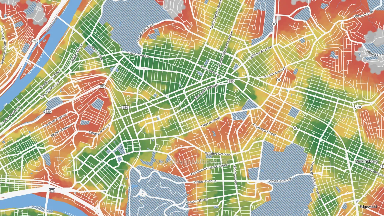 Walk Grade map of Shadyside, Pittsburgh, PA, walkable areas in green and car-dependent areas in red