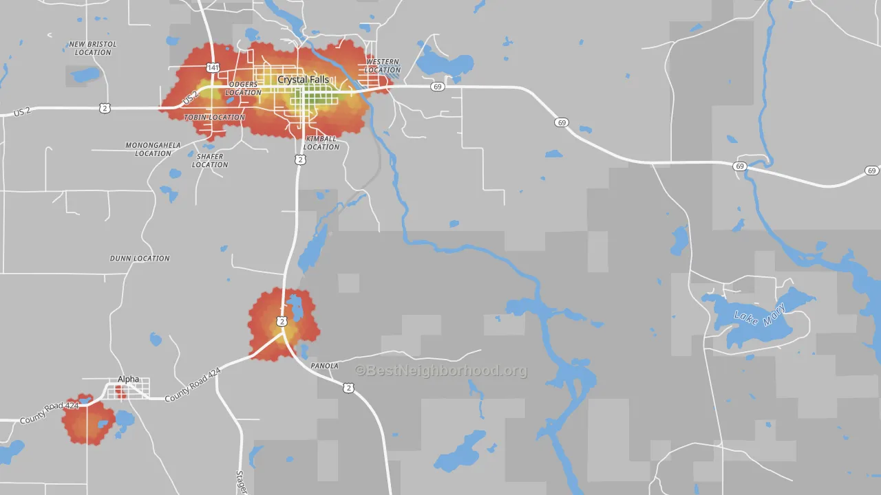 Walk Grade map of Shafer Location, MI, walkable areas in green and car-dependent areas in red