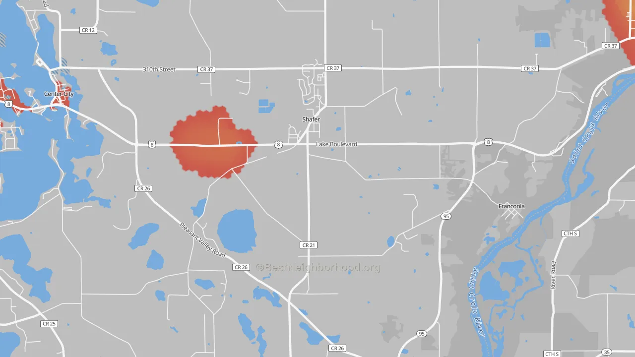 Walk Grade map of Shafer, MN, walkable areas in green and car-dependent areas in red
