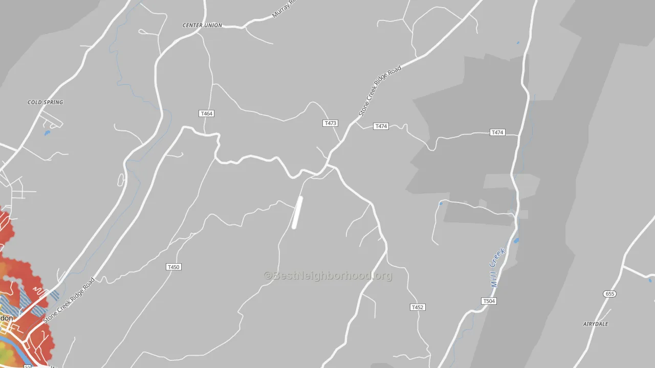 Walk Grade map of Shaffersville, PA, walkable areas in green and car-dependent areas in red