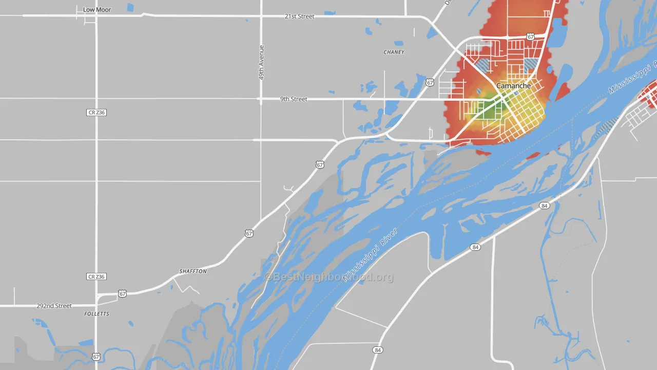 Walk Grade map of Shaffton, IA, walkable areas in green and car-dependent areas in red