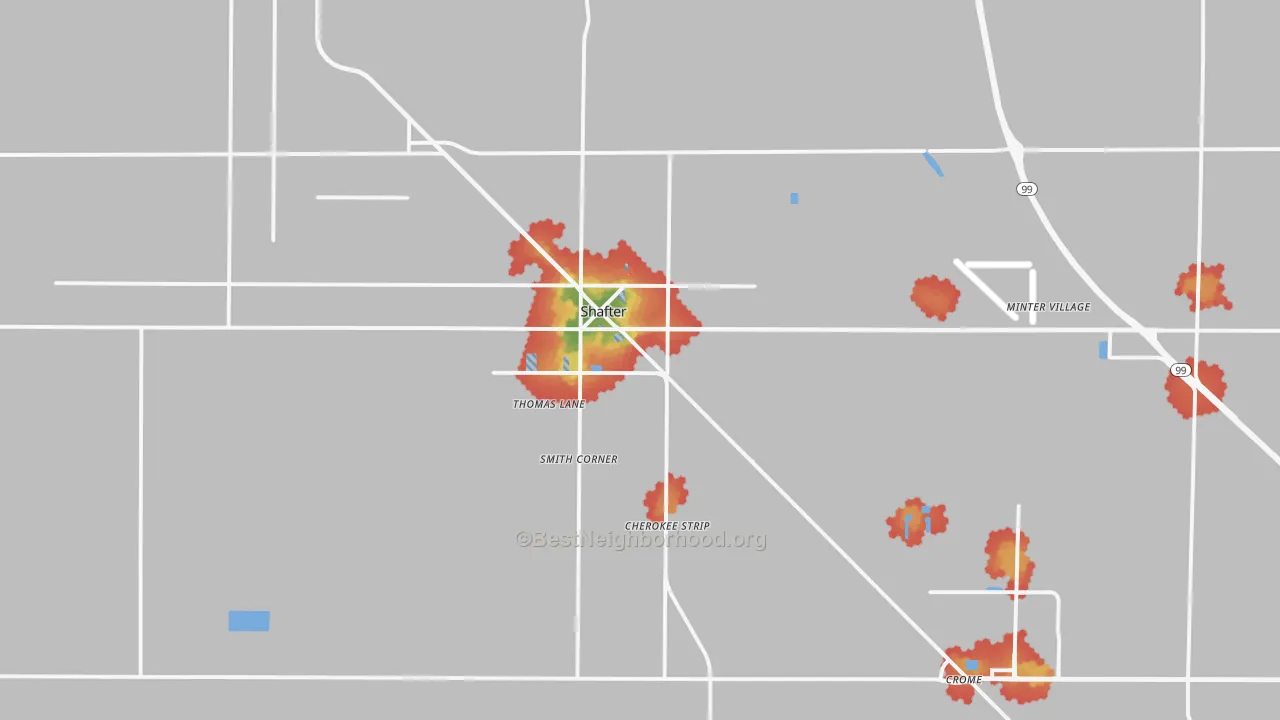 Walk Grade map of Shafter, CA, walkable areas in green and car-dependent areas in red