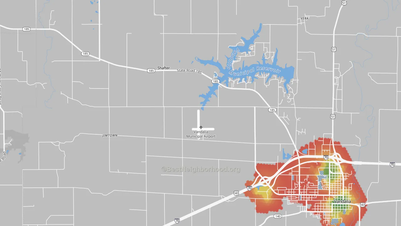 Walk Grade map of Shafter, IL, walkable areas in green and car-dependent areas in red