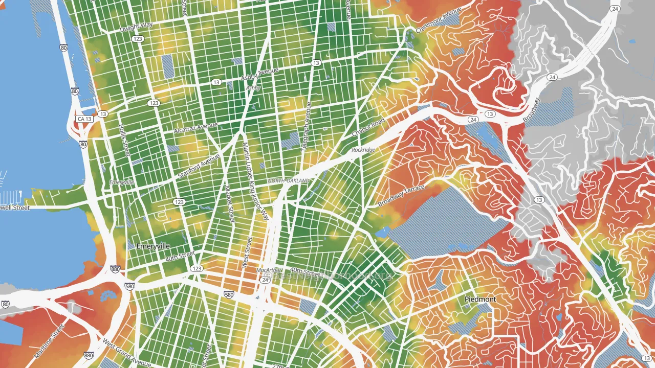 Walk Grade map of Shafter, Oakland, CA, walkable areas in green and car-dependent areas in red