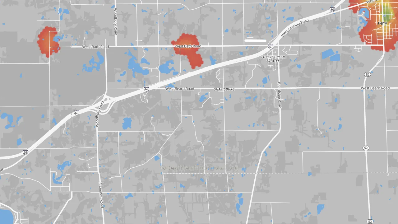 Walk Grade map of Shaftsburg, MI, walkable areas in green and car-dependent areas in red