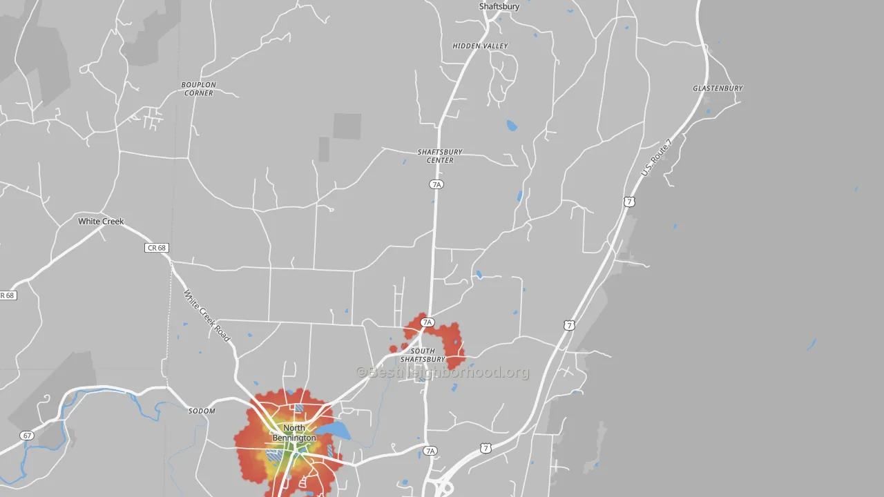 Walk Grade map of Shaftsbury, VT, walkable areas in green and car-dependent areas in red