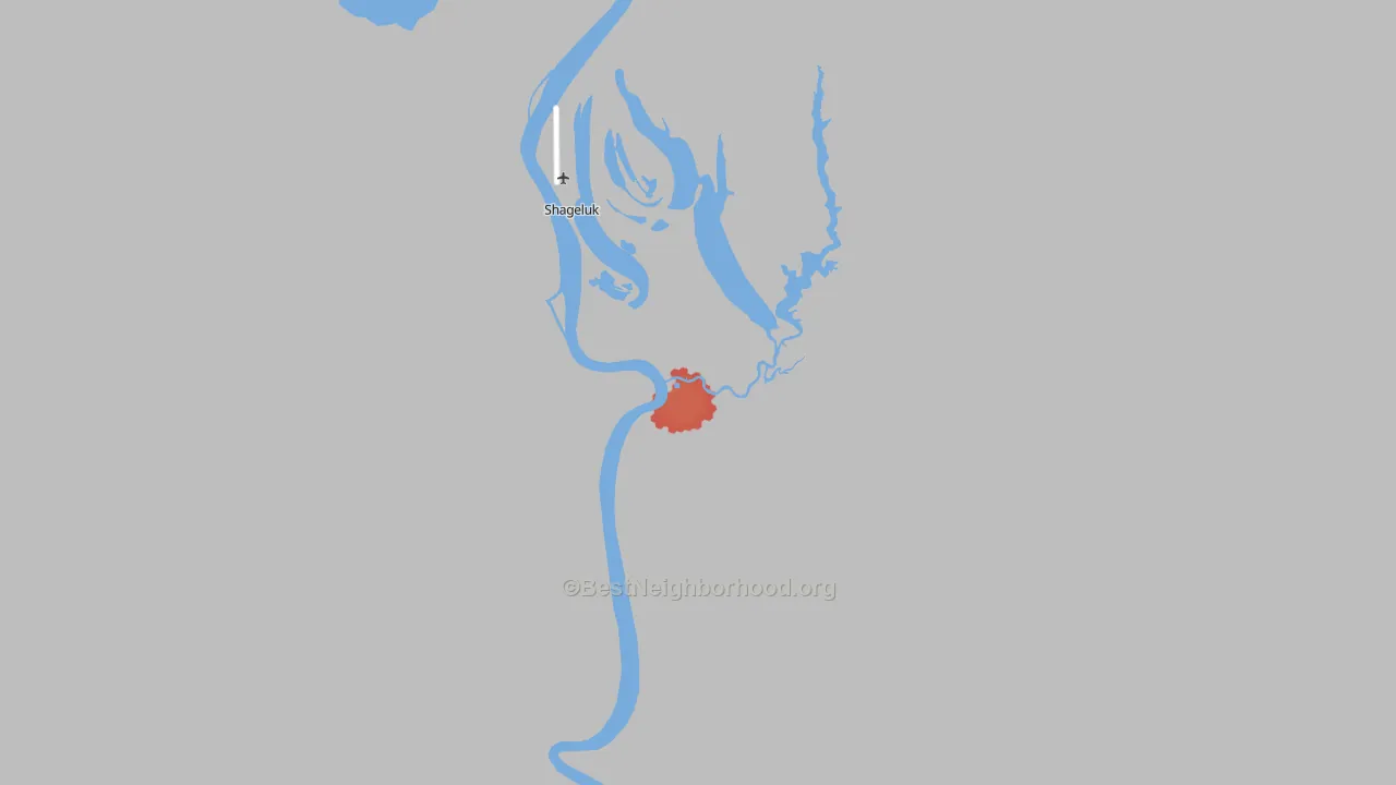 Walk Grade map of Shageluk, AK, walkable areas in green and car-dependent areas in red