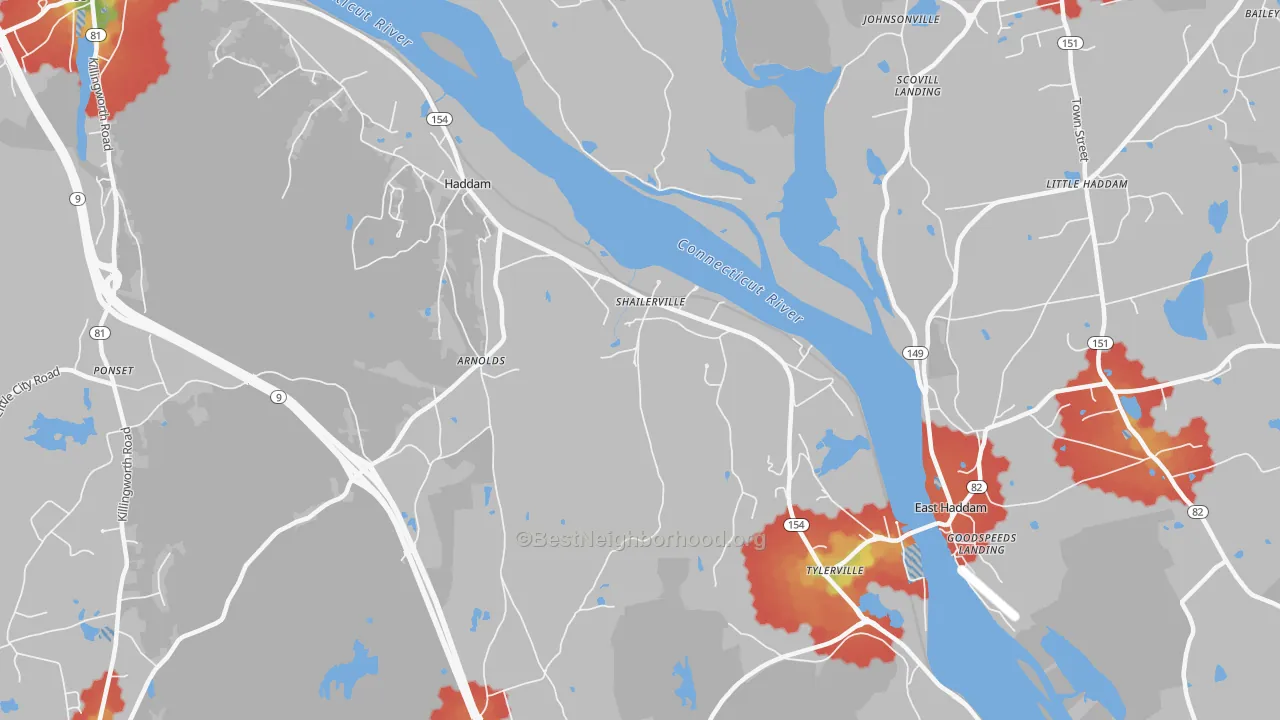 Walk Grade map of Shailerville, CT, walkable areas in green and car-dependent areas in red
