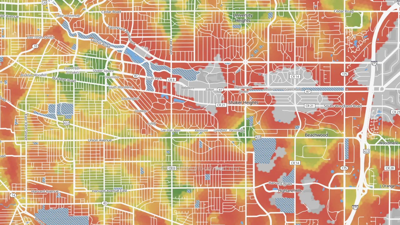 Walk Grade map of Shaker Heights, OH, walkable areas in green and car-dependent areas in red