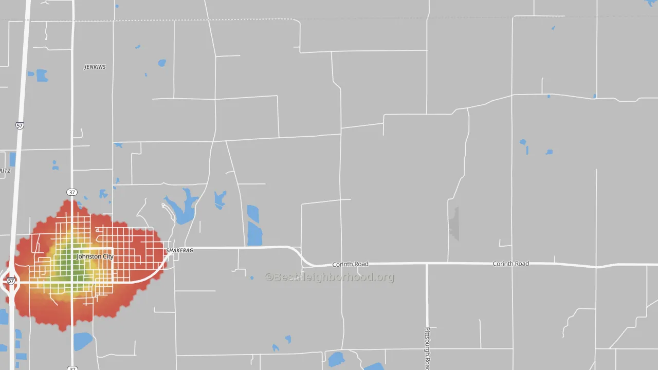 Walk Grade map of Shakerag, IL, walkable areas in green and car-dependent areas in red