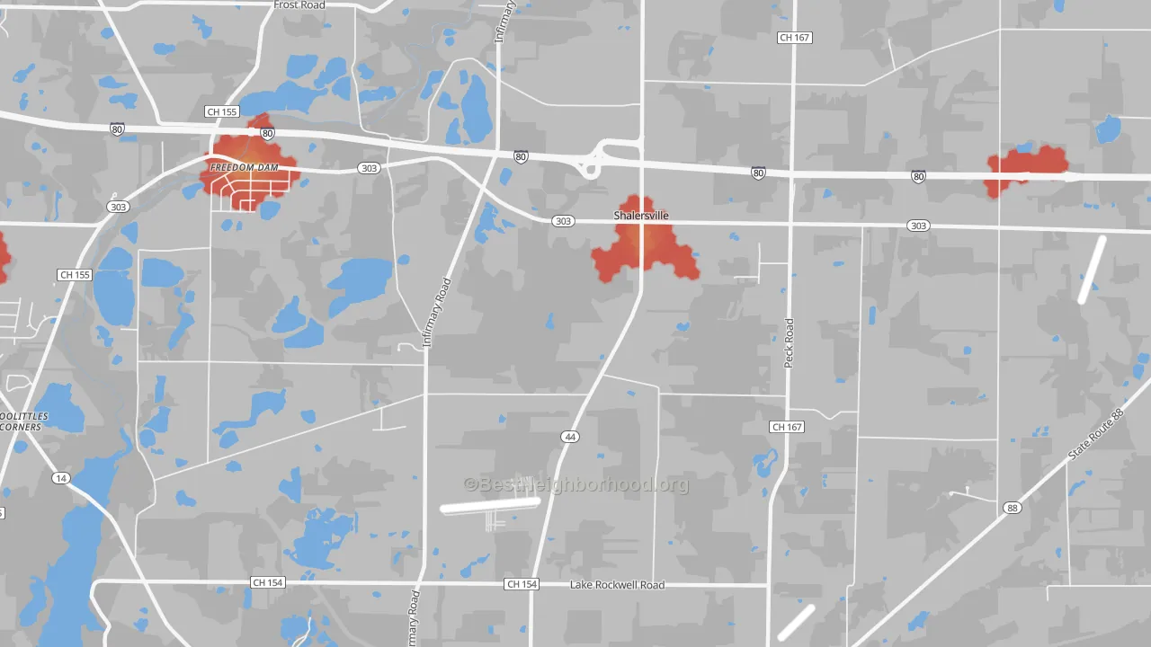 Walk Grade map of Shalersville, OH, walkable areas in green and car-dependent areas in red