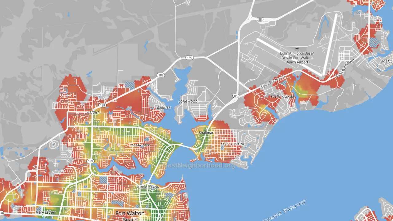 Walk Grade map of Shalimar, FL, walkable areas in green and car-dependent areas in red