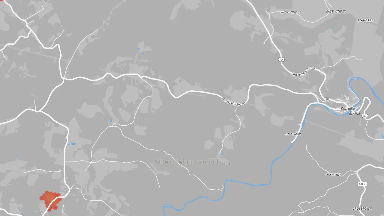 Walk Grade map of Shallmar, MD, walkable areas in green and car-dependent areas in red