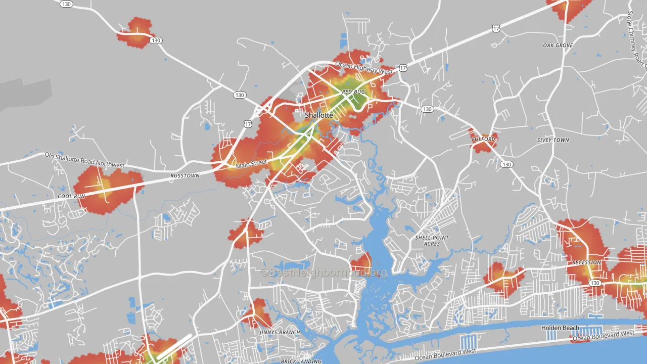 Walk Grade map of Shallotte, NC, walkable areas in green and car-dependent areas in red