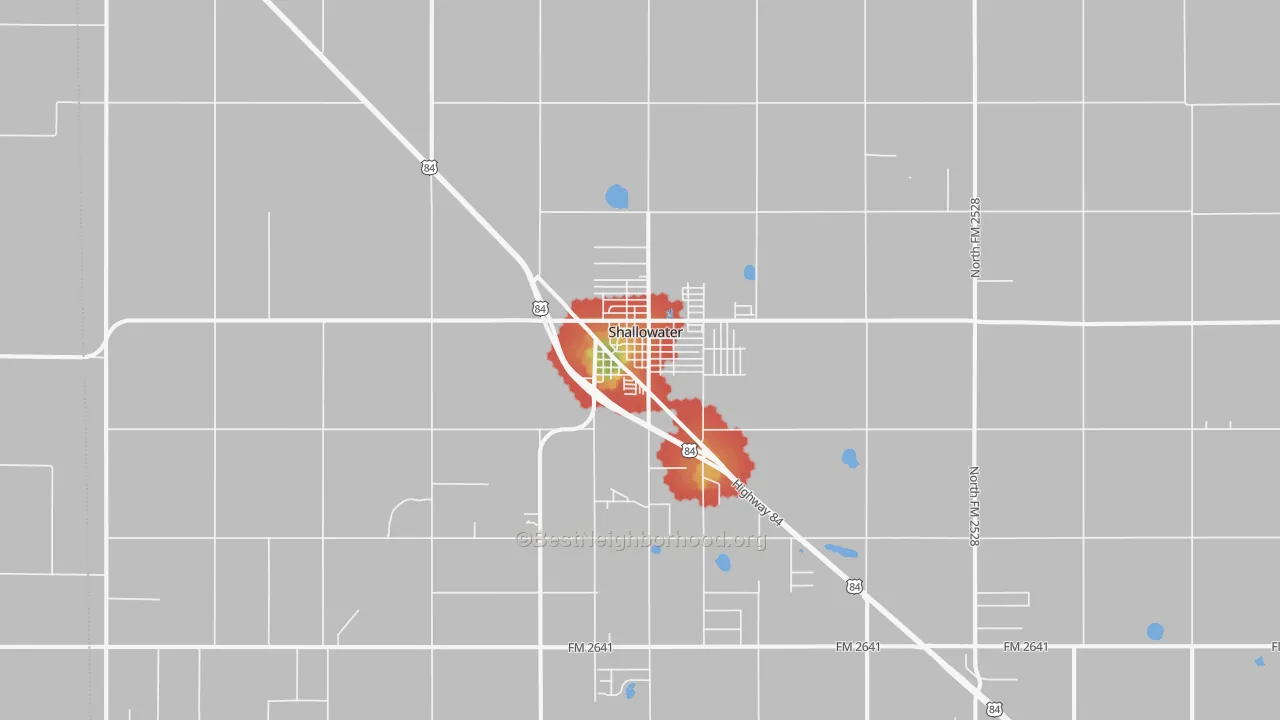 Walk Grade map of Shallowater, TX, walkable areas in green and car-dependent areas in red