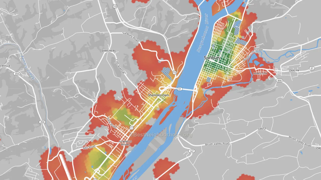 Walk Grade map of Shamokin Dam, PA, walkable areas in green and car-dependent areas in red