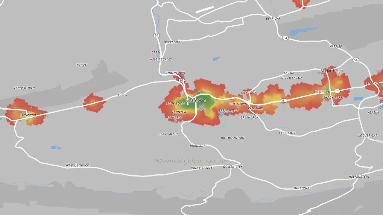 Walk Grade map of Shamokin, PA, walkable areas in green and car-dependent areas in red
