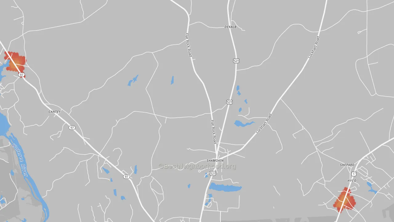 Walk Grade map of Shamokin, SC, walkable areas in green and car-dependent areas in red