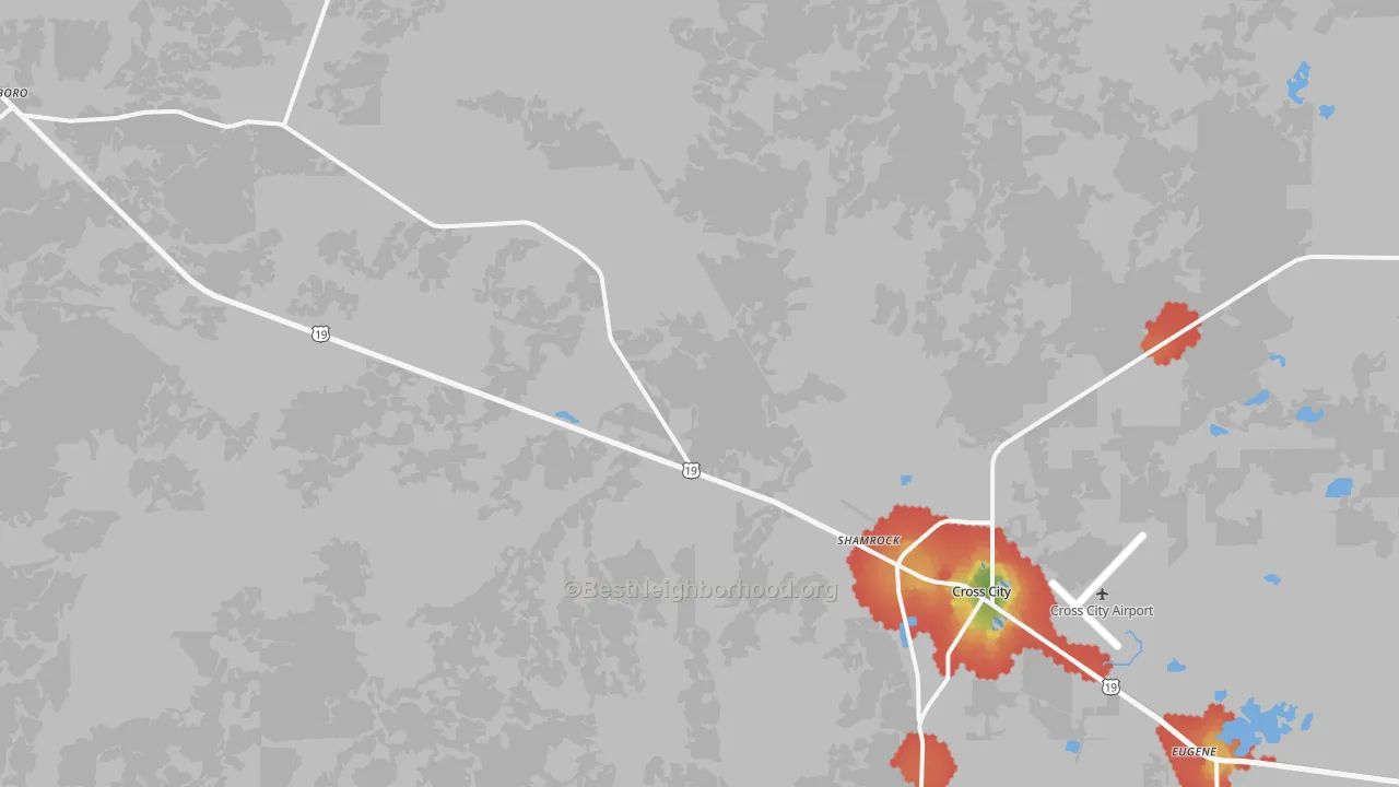 Walk Grade map of Shamrock, FL, walkable areas in green and car-dependent areas in red