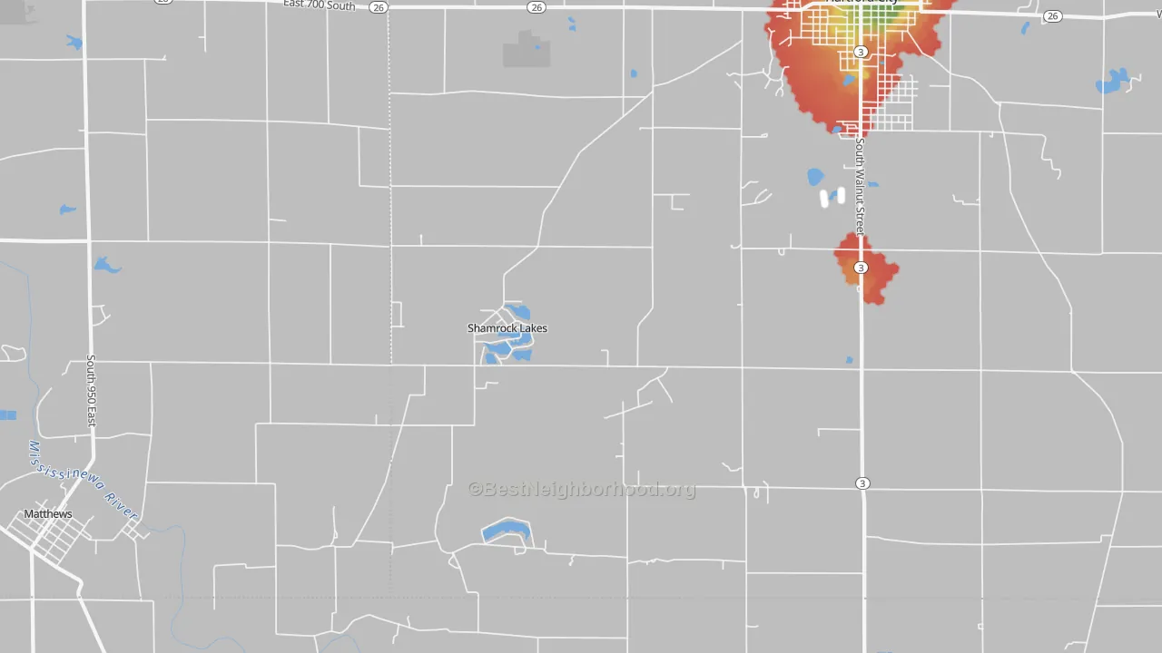 Walk Grade map of Shamrock Lakes, IN, walkable areas in green and car-dependent areas in red