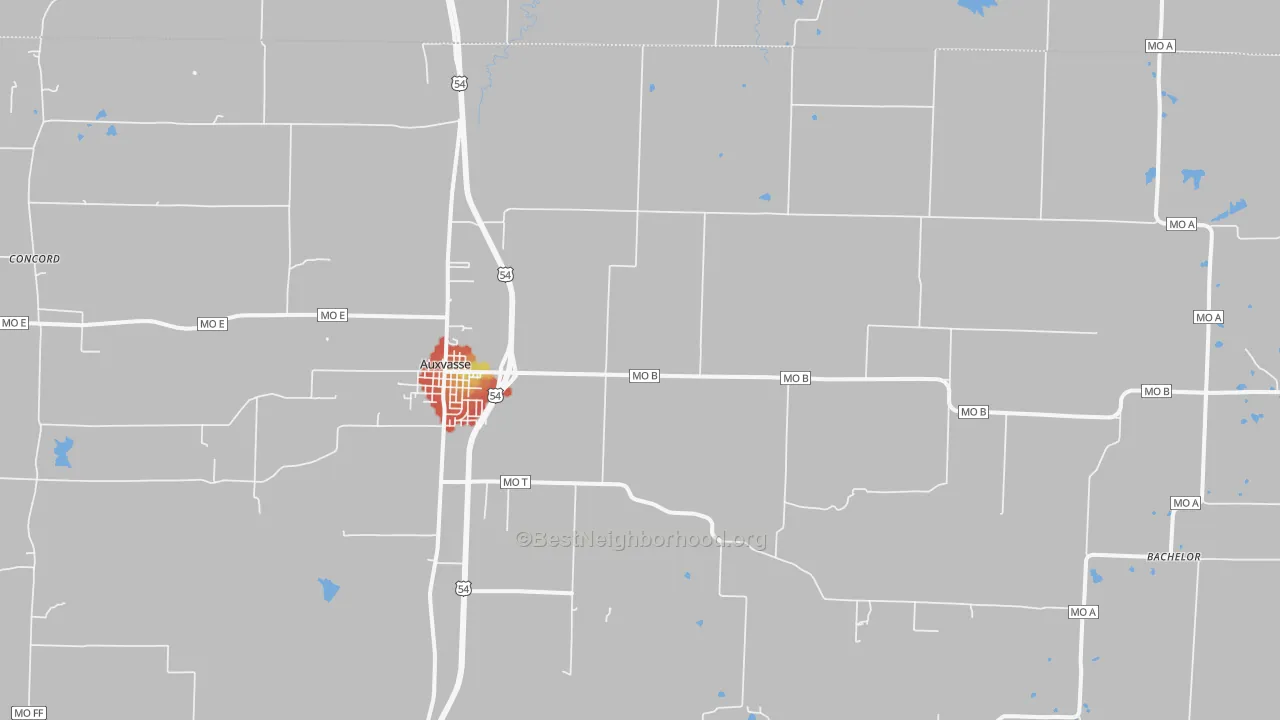Walk Grade map of Shamrock, MO, walkable areas in green and car-dependent areas in red