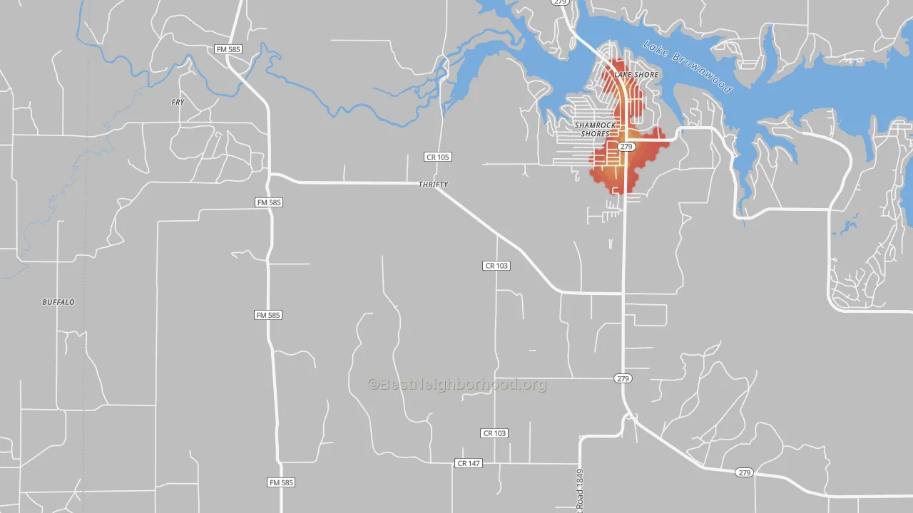 Walk Grade map of Shamrock Shores, TX, walkable areas in green and car-dependent areas in red