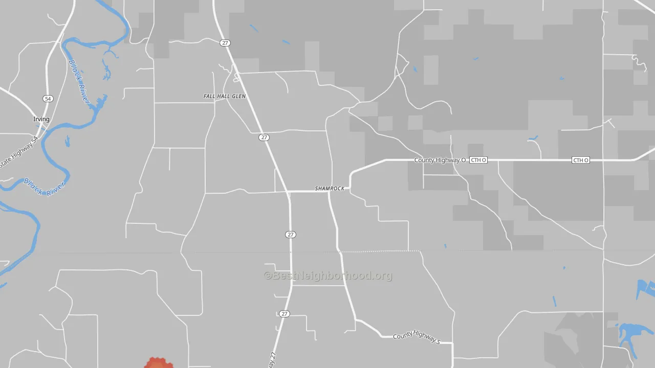 Walk Grade map of Shamrock, WI, walkable areas in green and car-dependent areas in red