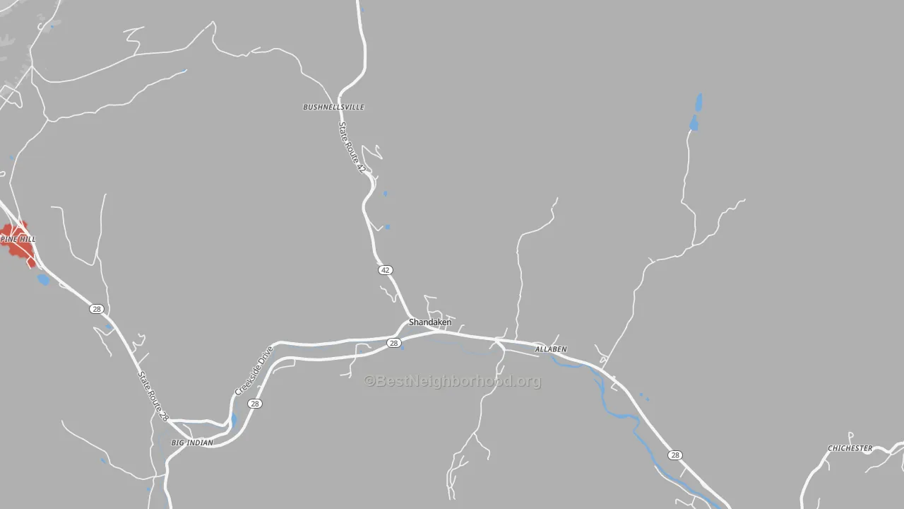 Walk Grade map of Shandaken, NY, walkable areas in green and car-dependent areas in red