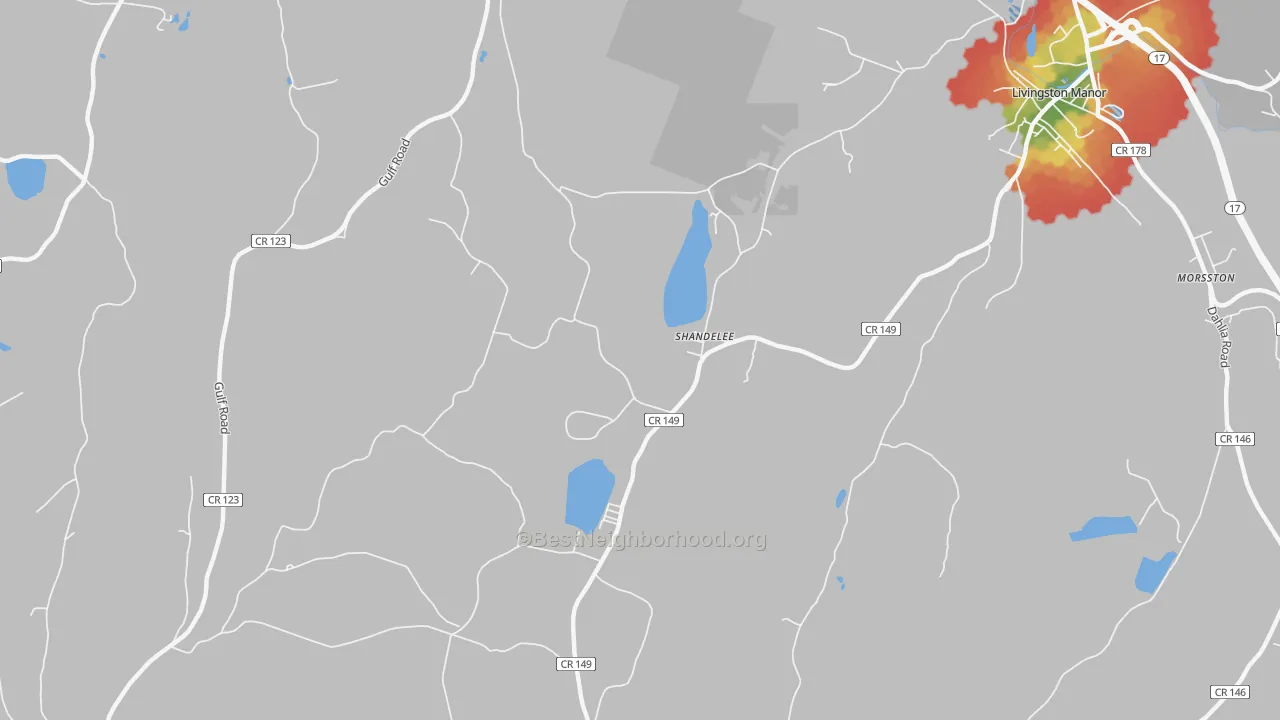 Walk Grade map of Shandelee, NY, walkable areas in green and car-dependent areas in red