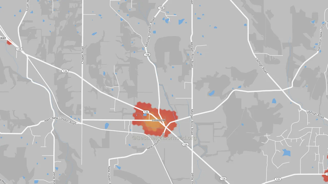 Walk Grade map of Shandon, OH, walkable areas in green and car-dependent areas in red
