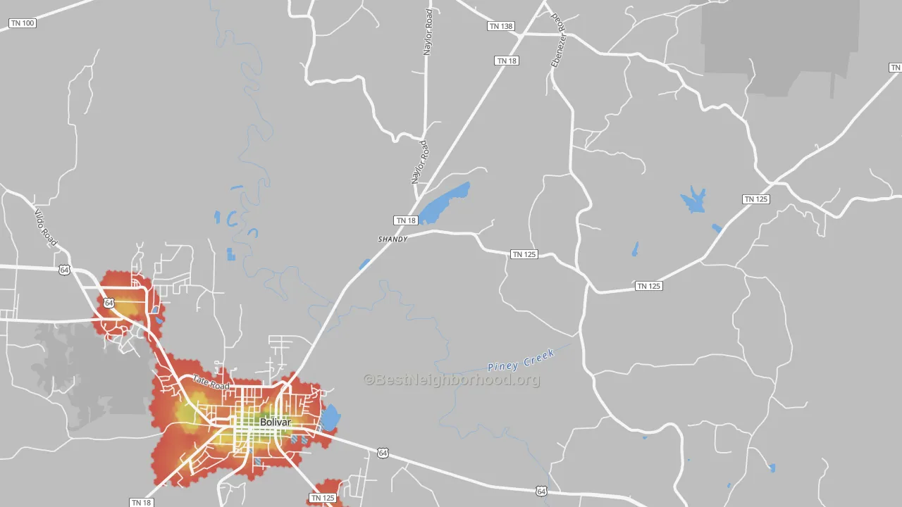 Walk Grade map of Shandy, TN, walkable areas in green and car-dependent areas in red