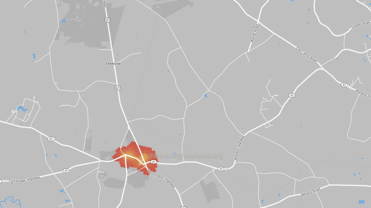 Walk Grade map of Shanghai, NC, walkable areas in green and car-dependent areas in red