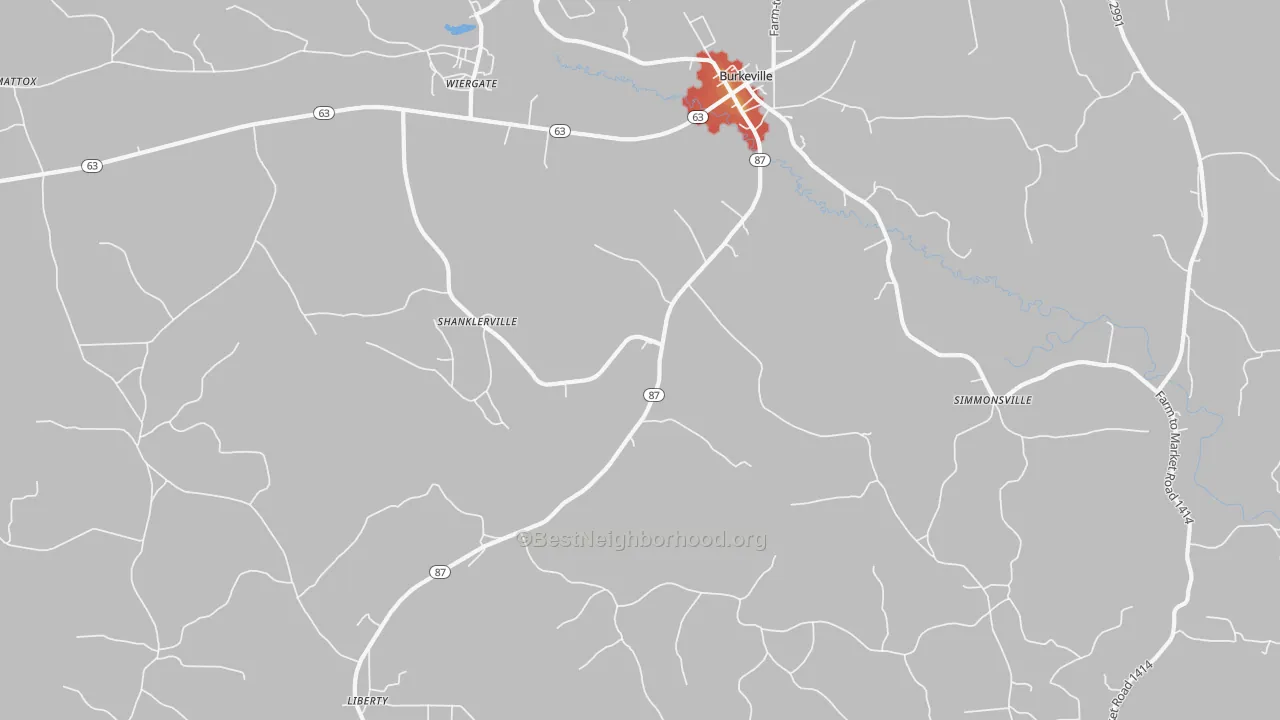 Walk Grade map of Shanklerville, TX, walkable areas in green and car-dependent areas in red