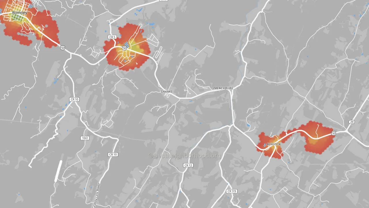 Walk Grade map of Shanks, WV, walkable areas in green and car-dependent areas in red