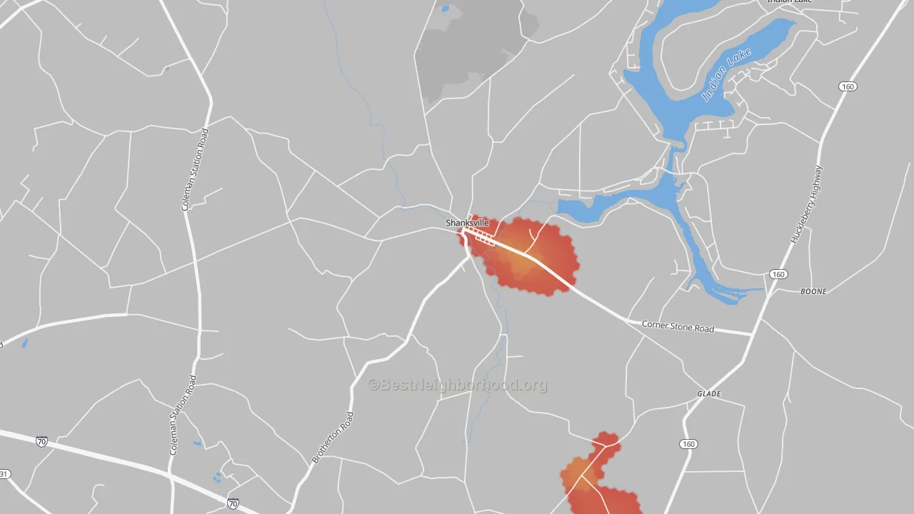 Walk Grade map of Shanksville, PA, walkable areas in green and car-dependent areas in red