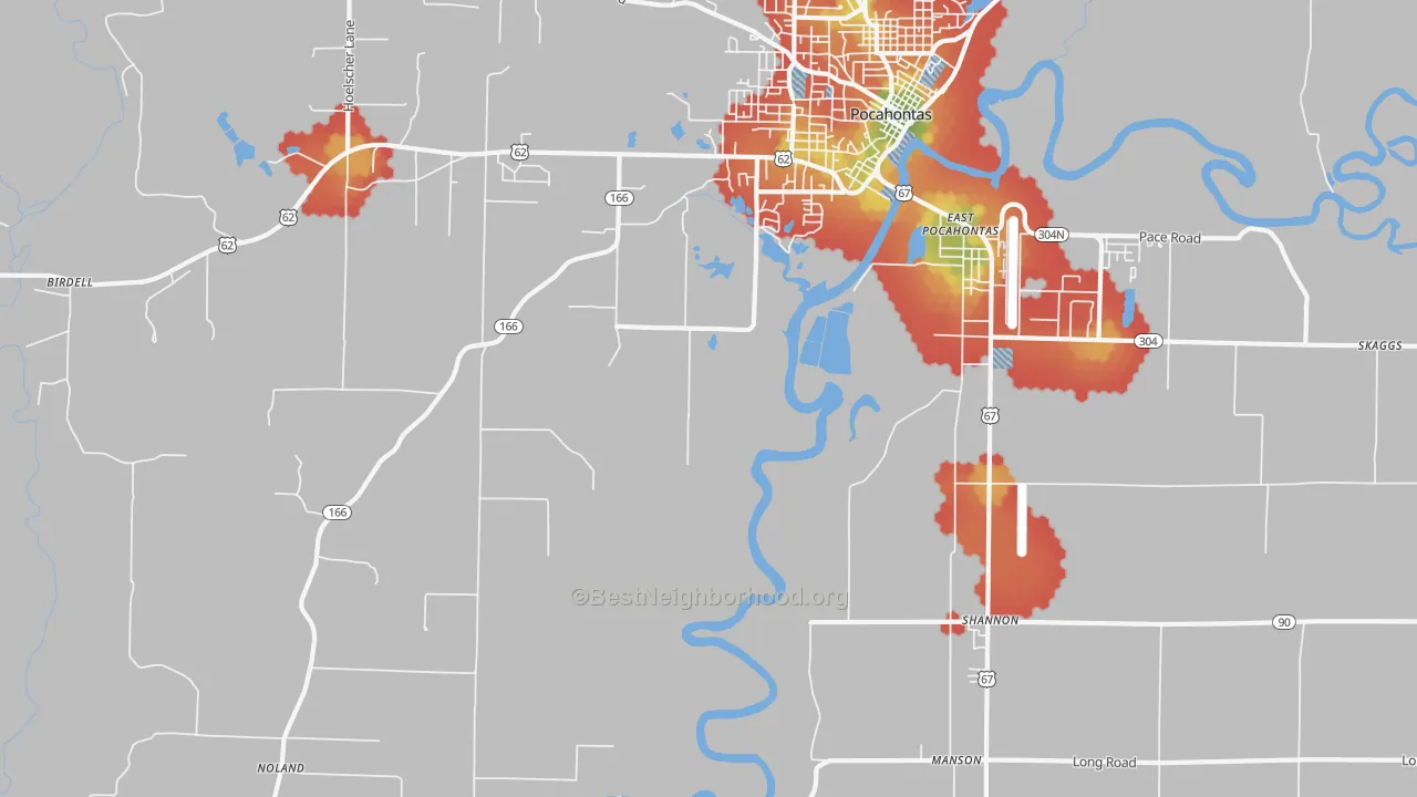 Walk Grade map of Shannon, AR, walkable areas in green and car-dependent areas in red
