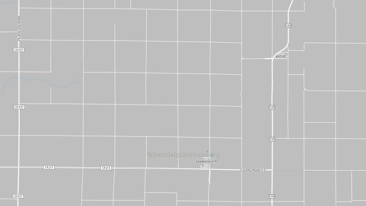 Walk Grade map of Shannon City, IA, walkable areas in green and car-dependent areas in red