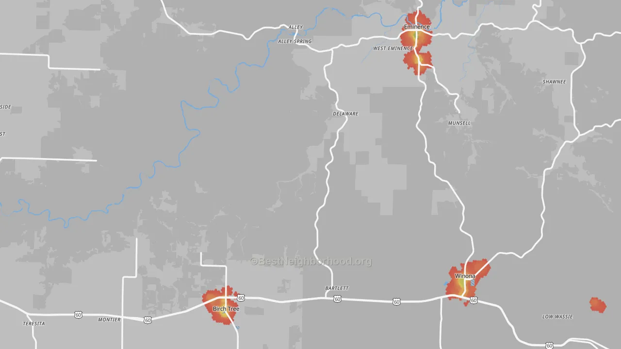 Walk Grade map of Shannon County, MO, walkable areas in green and car-dependent areas in red