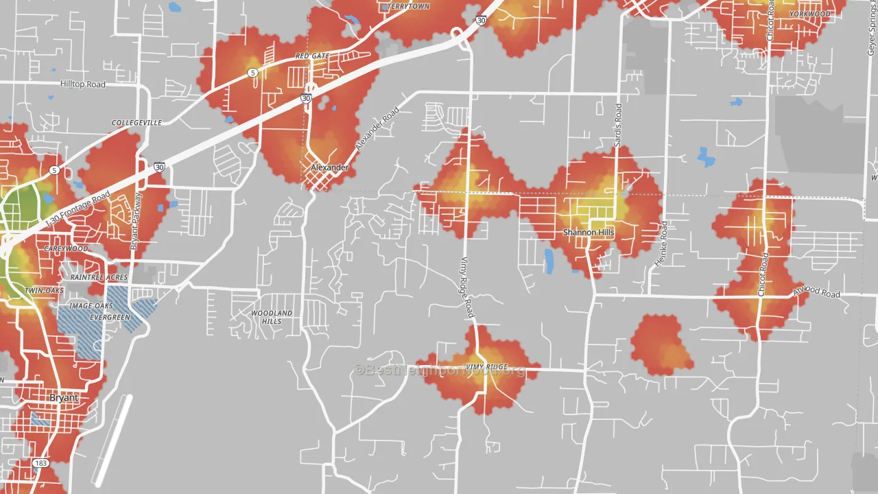 Walk Grade map of Shannon Hills, AR, walkable areas in green and car-dependent areas in red