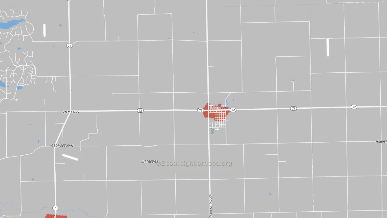Walk Grade map of Shannon, IL, walkable areas in green and car-dependent areas in red