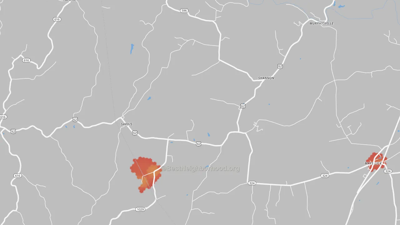 Walk Grade map of Shannon, KY, walkable areas in green and car-dependent areas in red