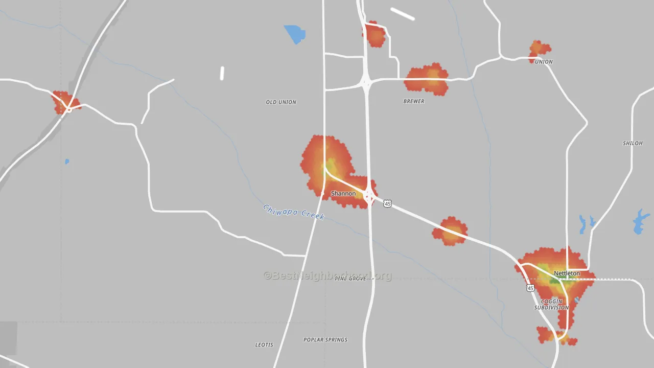 Walk Grade map of Shannon, MS, walkable areas in green and car-dependent areas in red