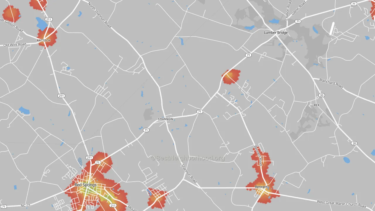 Walk Grade map of Shannon, NC, walkable areas in green and car-dependent areas in red