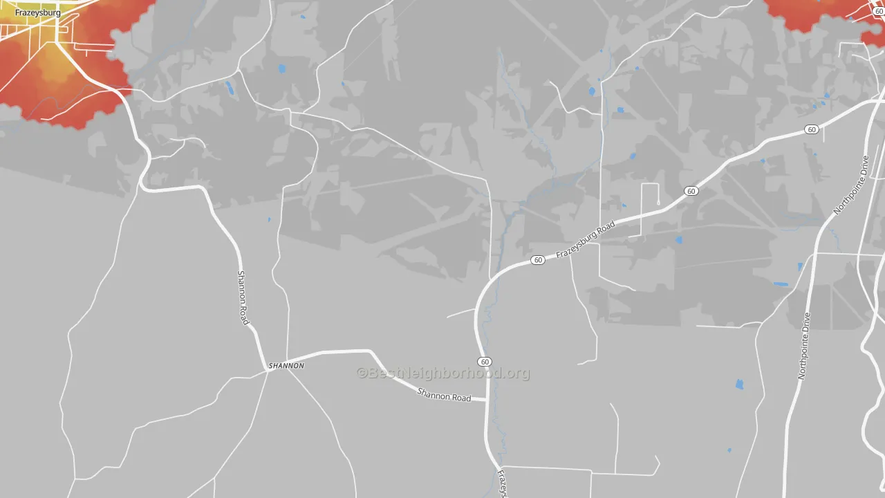 Walk Grade map of Shannon, OH, walkable areas in green and car-dependent areas in red